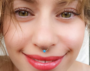 Fake Silver Septum, Faux Opal Septum Ring, Fake Blue Opal Septum, Fake Tiny Opal Septum, Faux Nose Piercing, Fake Opal Septum