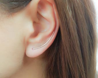 Thin Dainty Ear Climber Earrings- Sterling Silver Ear Climber- Rose Gold Ear Climber Earrings- Delicate Ear Crawler- Bar Earrings