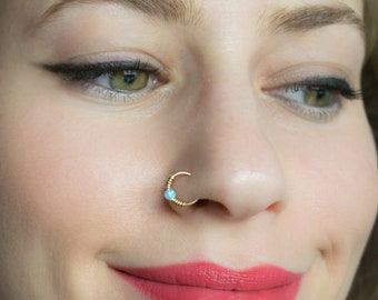 Mother Day - Gold nose ring, opal nose earring, opal nose hoop, nose hoop, thin nose ring, nose piercing ring, beaded nose hoop