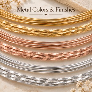 Chart of jewelry wire titled Metal Colors and Finishes, with polished and hammered wire in gold, rose gold and silver side by side.