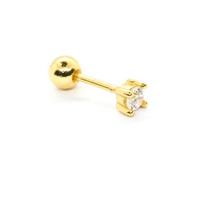 Diamond Stud Earring, Cartilage Piercing, Tragus Piercing, Gold CZ Stud, Sterling Silver, Minimal 19G Ball Screw Back Stud Earring