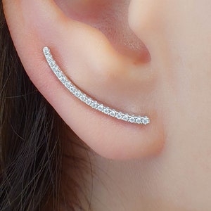 Mother Day - Sterling Silver Ear Climber Earrings - Tiny Diamonds Ear Climbers - CZ Silver Earrings - Ear Crawlers - Long Earrings