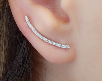 Mother Day - Sterling Silver Ear Climber Earrings - Tiny Diamonds Ear Climbers - CZ Silver Earrings - Ear Crawlers - Long Earrings