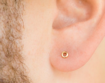 May include: A close-up of a person's ear with a small gold hoop earring. The earring is a simple, minimalist design.