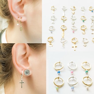 Clip on Hoop Earrings ,Clip On Earrings Dangle, Comfortable Clip On Earrings, Opal Cross Feather Leaf Starfish Heart, invisible