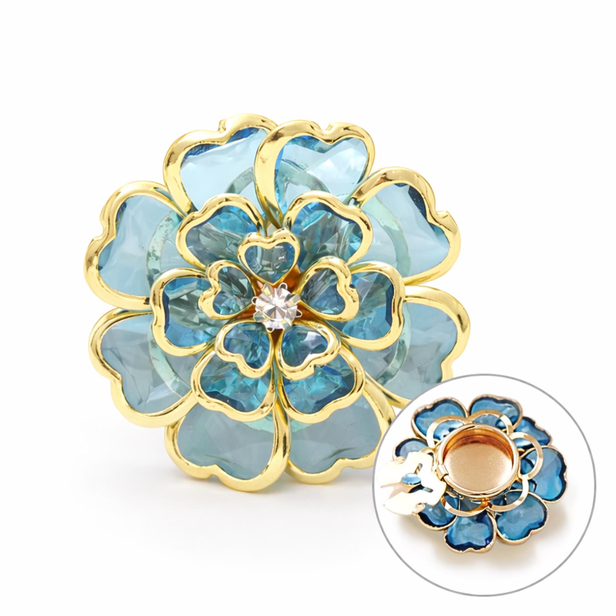 Blue Flower Button Covers — Pair, Gold Edged, Clip-on Button Cover