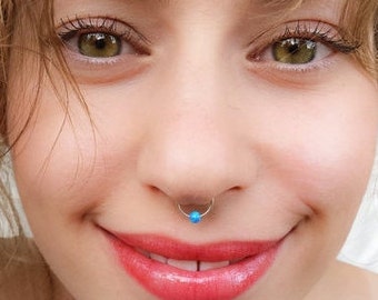 Silver Septum, Opal Septum Ring, Blue Opal Septum, Tiny Opal Septum, Opal Nose Ring, Nose Piercing, Blue Septum, Opal Septum