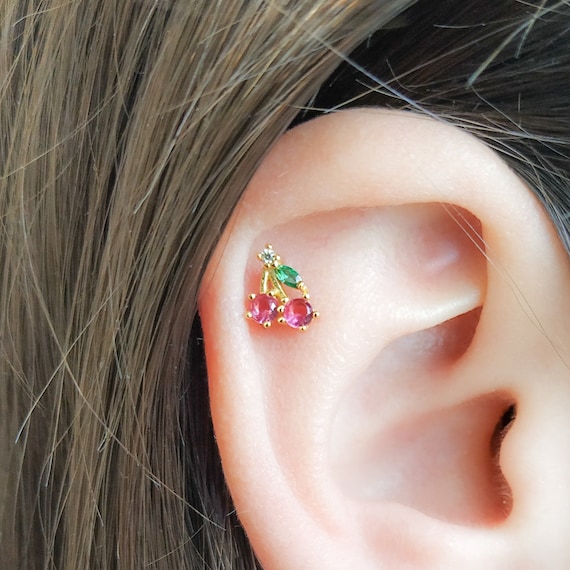 Cherry Helix Earring Gold Small Gold Helix Stud Ruby Pink Cartilage Earrings Fruit Cherry CZ Helix Stud silver Rose Cherry Cartilage Stud Etsy