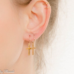 Mother Day Cross Hoop Earrings Gold Cross Hoop Earrings Simple Hoop Earrings Cross jewelry image 2
