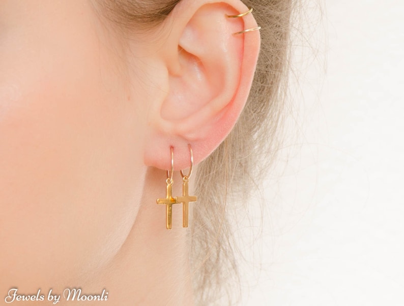 Mother Day Cross Hoop Earrings Gold Cross Hoop Earrings Simple Hoop Earrings Cross jewelry image 2