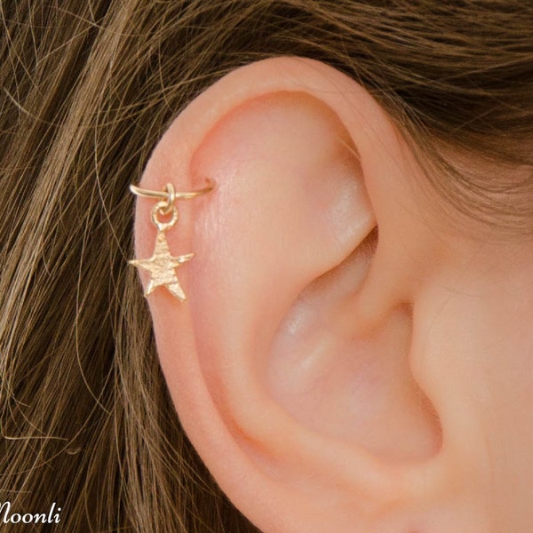 Gold Cartilage Piercing Star Charm- Star helix hoop- Cartilage ring- Gold Helix Earring- Tiny star earring- Gold helix- Silver helix