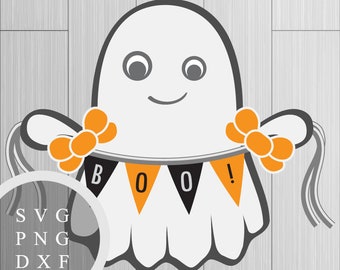 Cute Ghost with Boo Banner - SVG, PNG and DXF Files for Printing, Cutting and Design
