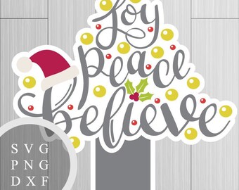 Joy, Peace, Believe Christmas Tree - SVG, PNG and DXF Files for Printing, Cutting and Design