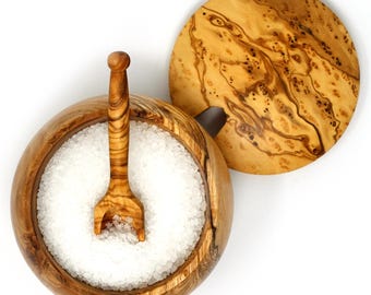 Handmade Olive Wood Salt Cellar: Sugar Pot with Spoon & Lid