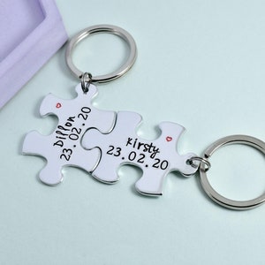 Personalised Puzzle Piece Keyring Set With Names Special Date Aluminium Jigsaw For Couple Traditional 10 Year Wedding Anniversary Gift image 3