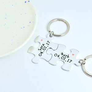 Personalised Puzzle Piece Keyring Set With Names Special Date Aluminium Jigsaw For Couple Traditional 10 Year Wedding Anniversary Gift image 6