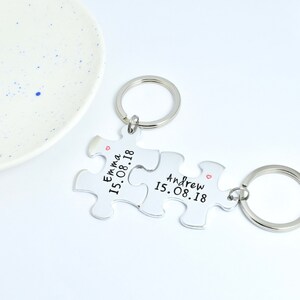 Personalised Puzzle Piece Keyring Set With Names Special Date Aluminium Jigsaw For Couple Traditional 10 Year Wedding Anniversary Gift image 7