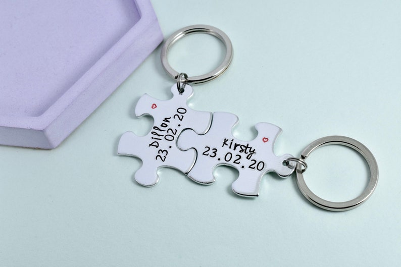 Personalised Puzzle Piece Keyring Set With Names Special Date Aluminium Jigsaw For Couple Traditional 10 Year Wedding Anniversary Gift image 3