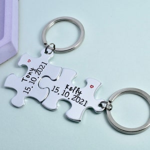 Personalised Puzzle Piece Keyring Set With Names Special Date Aluminium Jigsaw For Couple Traditional 10 Year Wedding Anniversary Gift image 4