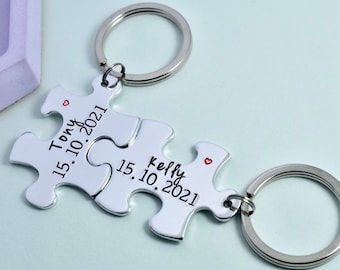 Personalised Jigsaw Key Ring-Keyring Set Puzzle Piece, Friendship Gift, Couple-Best Friend-Sisters-Mother-Daughter, Hand Stamped, UK