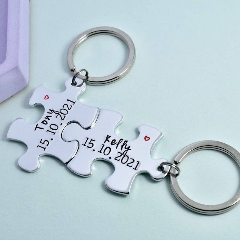 Personalised Puzzle Piece Keyring Set With Names Special Date Aluminium Jigsaw For Couple Traditional 10 Year Wedding Anniversary Gift image 4