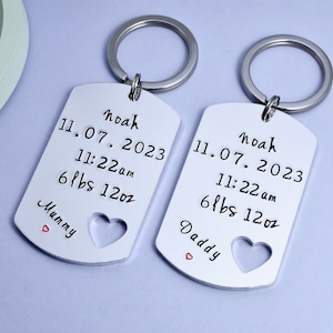 Personalised New Baby Gift • For Mummy and Daddy • Birth Details Keepsake Keyring Set • New Grandparents • With Weight, Time, Date and Name