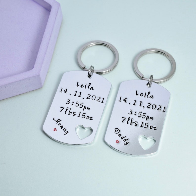 Birth Keepsake Matching Keyring Set, New Baby Gift, Personalised, Gift For New Parents, Hand Stamped Dog Tag, Bespoke, UK 