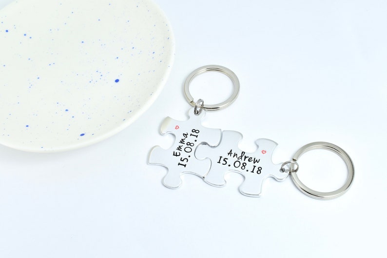 Personalised Puzzle Piece Keyring Set With Names Special Date Aluminium Jigsaw For Couple Traditional 10 Year Wedding Anniversary Gift image 7