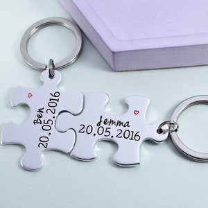 Personalised Puzzle Piece Keyring Set With Names Special Date Aluminium Jigsaw For Couple Traditional 10 Year Wedding Anniversary Gift image 1