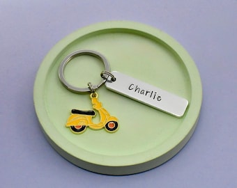 Personalised Yellow Moped Keychain, Custom Name Keyring, Bike Charm, Ride Safe Message on Back, Gift for Moped Lover, Scooter Keys