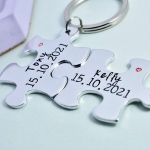 Personalised Puzzle Piece Keyring Set With Names Special Date Aluminium Jigsaw For Couple Traditional 10 Year Wedding Anniversary Gift image 2