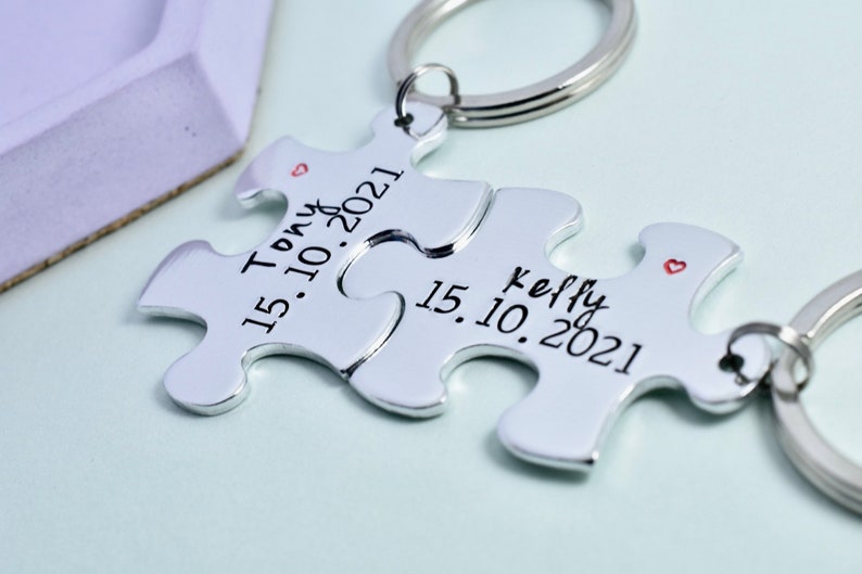 Personalised Puzzle Piece Keyring Set With Names Special Date Aluminium Jigsaw For Couple Traditional 10 Year Wedding Anniversary Gift image 2