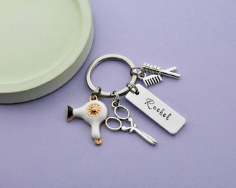 Personalised Hairdresser Keyring, Stylist Gift with Custom Name Tag, Salon Keepsake for Trainee, Qualified or Retired