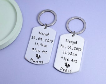 Personalised New Baby Gift • For Mummy and Daddy • Birth Details Keepsake Keyring Set • New Grandparents • With Weight, Time, Date and Name