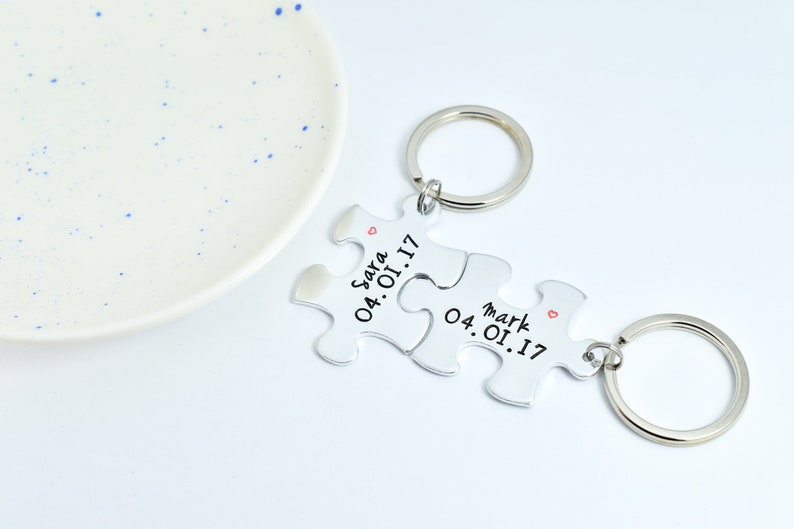 Personalised Puzzle Piece Keyring Set With Names Special Date Aluminium Jigsaw For Couple Traditional 10 Year Wedding Anniversary Gift image 6