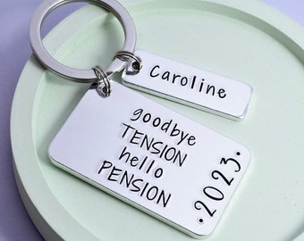 Retirement Gift • Personalised Retirement Keyring • Goodbye Tension Hello Pension • Keychain For Someone Retiring • Happy Retirement