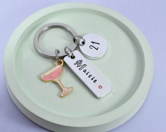 Personalised Birthday Keyring: Champagne Charm, Custom Keychain, Name & Age
