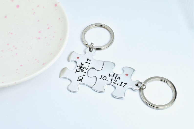 Personalised Puzzle Piece Keyring Set With Names Special Date Aluminium Jigsaw For Couple Traditional 10 Year Wedding Anniversary Gift image 8