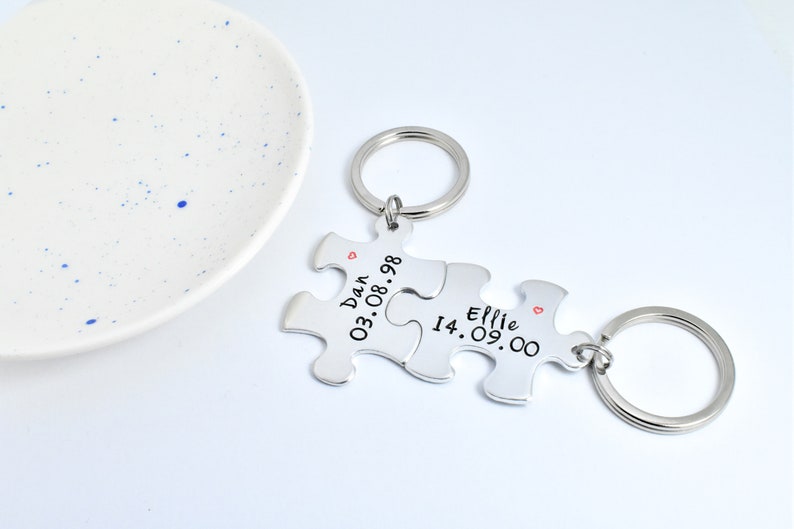 Personalised Puzzle Piece Keyring Set With Names Special Date Aluminium Jigsaw For Couple Traditional 10 Year Wedding Anniversary Gift image 5