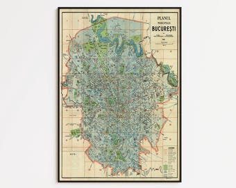 Mapa miasta Bukareszt z 1939 r., wydruk artystyczny: dekoracja ścienna w stylu vintage