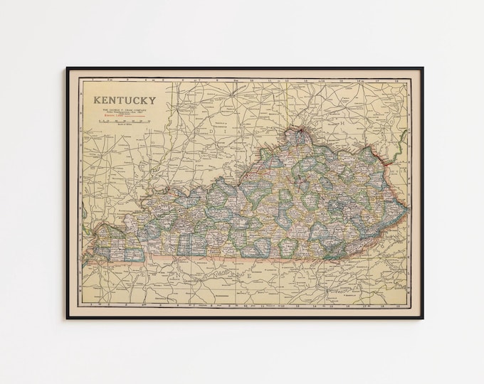 Vintage Kentucky Map Print: 1920s Antique Wall Art, Framed or Canvas