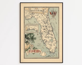 Vintage Florida Map Poster: Pictorial Wall Art Print
