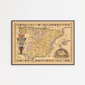 Puede incluir: Mapa vintage enmarcado de España, con ilustraciones detalladas de regiones, ciudades y figuras históricas. El mapa está en una paleta de colores cálidos y envejecidos con bordes y texto decorativos. El mapa está enmarcado en un marco negro.