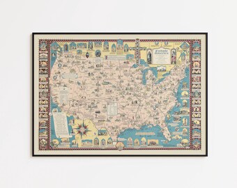 Vintage Karte von Amerika: Religiöser Wand Kunst Druck