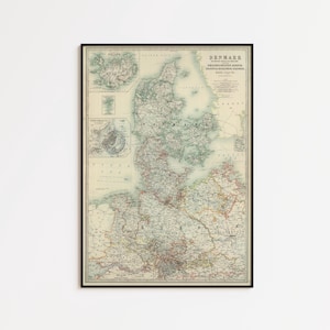 Mapa Danii z 1893 r., wydruk: plakat ścienny w stylu vintage