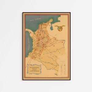 May include: A vintage-style map of Colombia featuring a network of red flight paths, the Avianca logo, and the text "MAPA AEREO DE COLOMBIA" and "EL SISTEMA AEREO NACIONAL" printed in a decorative frame on a tan background with a black border.