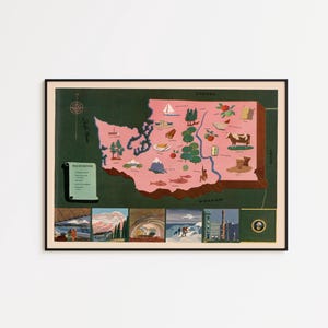 May include: A framed vintage-style map of Washington State, featuring a pink state outline with illustrated landmarks and icons. The map is set against a dark green background and includes a compass rose and a list of Washington's features.