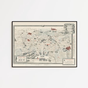 May include: A framed vintage map of Rome, Italy, with detailed illustrations of landmarks and streets. The map features a cream-coloured background with black and red accents, and is enclosed in a black frame.
