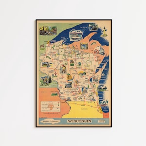 Vintage Wisconsin Map Kunstdruck: Bildliche Wanddekoration