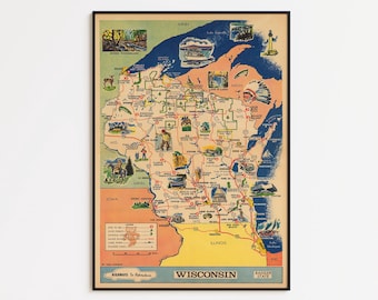 May include: A framed vintage map of Wisconsin, featuring colorful illustrations of landmarks and attractions. The map includes the text "Highways to Adventure" and "Wisconsin" in a retro style, with a black frame.